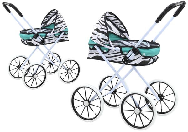 Dukkevogn med store hjul og sammenfoldelig kaleche zebra turkis 61 cm