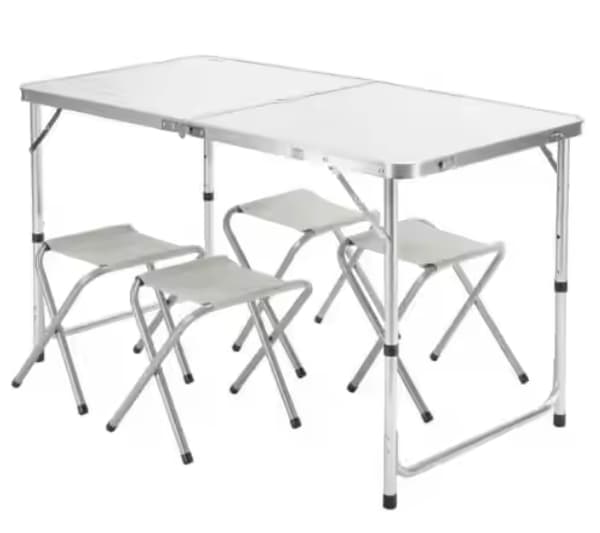 Hopfällbart campingbord med 4 stolar 120x60 cm aluminium/MDF vit