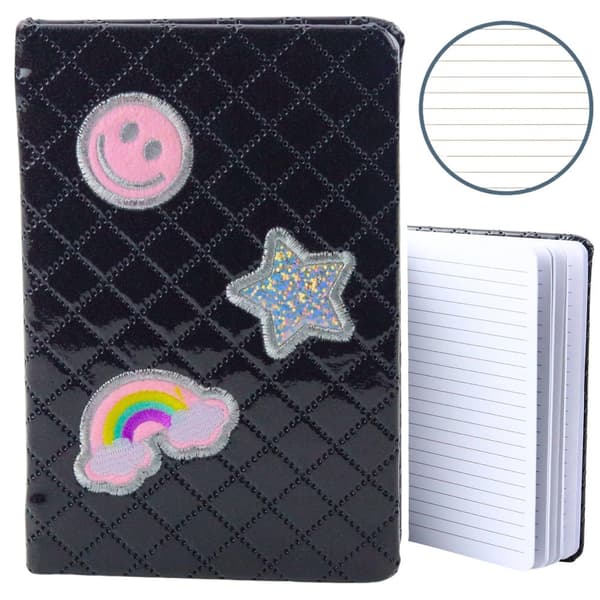 Linjerad anteckningsbok B6 80 sidor svart glitter med patchar