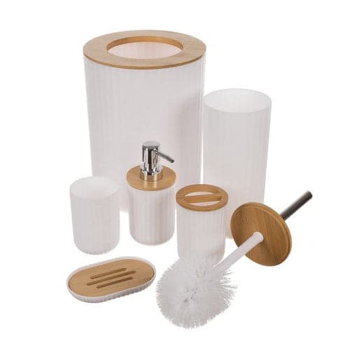 Badrumsaccessoarset 6-delar vit ribbad med bambudetaljer