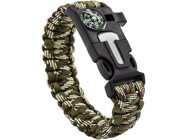 Överlevnadsarmband 5-i-1 med kompass, visselpipa, tändstål, camo