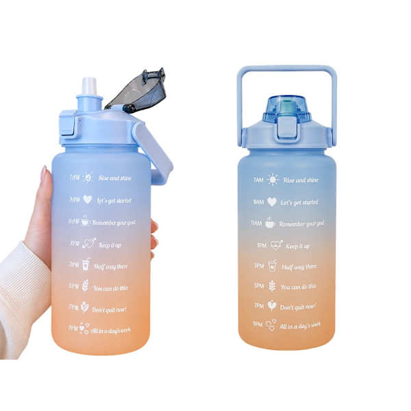 Vattenflaska 2 liter med sugrör och måttskala blå/orange