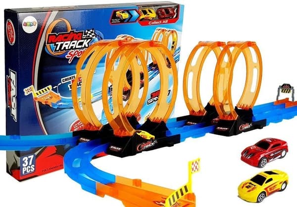 Racerbane med 4 loopar och dragback-bilar, 37 delar, 181 cm, 3+