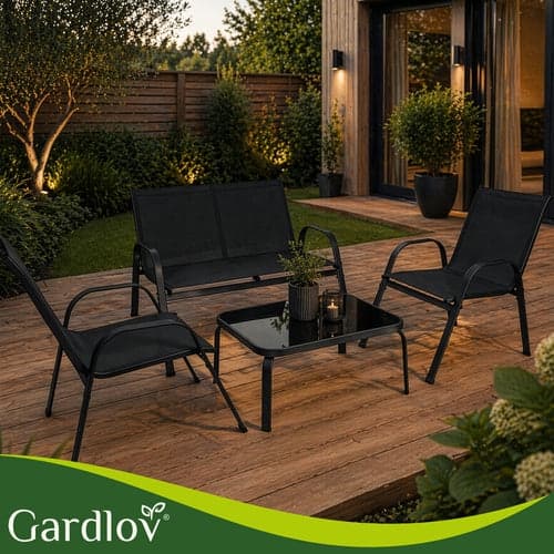Trädgårdsmöbelset 4 delar 4-sits soffa 2 fåtöljer bord glas/stål