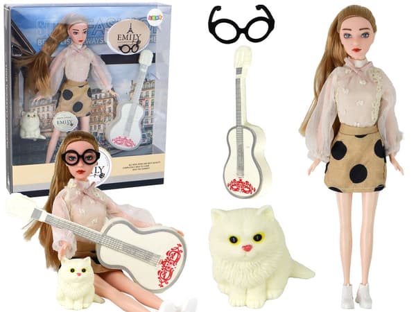 Docka Emily 30 cm med katt som låter och gitarr, 3+ år