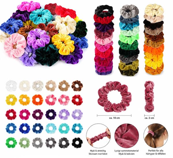 Hårstrikker scrunchies i fløjl 36-pack elastiska, slumpmässiga färger Multicolor