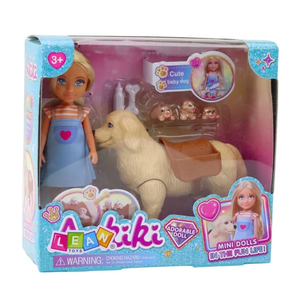 Miniaturdukke 13 cm med hund, 3 hvalpe og tilbehør
