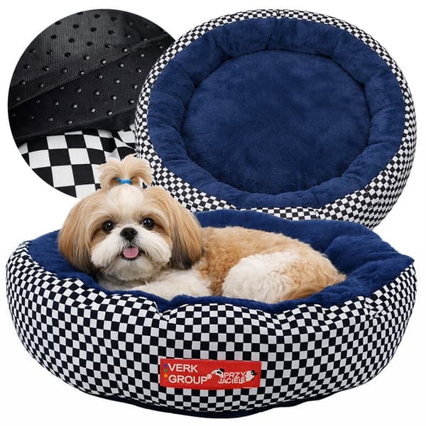 Rund hundeseng/kattekurv plys 53 cm skridsikker sort-hvid ternet