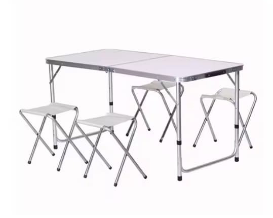 Sammenklappeligt campingbord med 4 stole 120x60 cm aluminium/MDF hvid