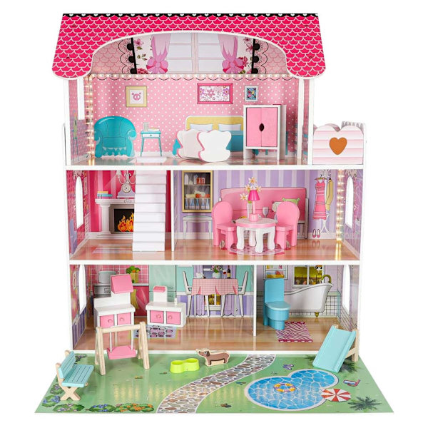 Dockhus med LED-belysning 70 cm rosa, 5 rum, möbler & terrass