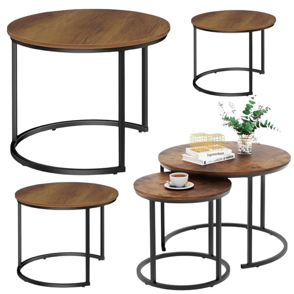 Set 3 runda soffbord MDF mörkgrå trälook, svart stålram 51/40/30 cm