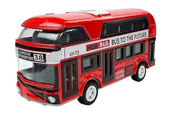 Leksaksbuss dubbeldäckare 9 cm pull-back blå, 3+ år