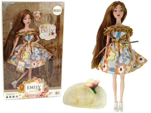Docka Emily 30 cm med beige hatt, vit klänning, från 3 år