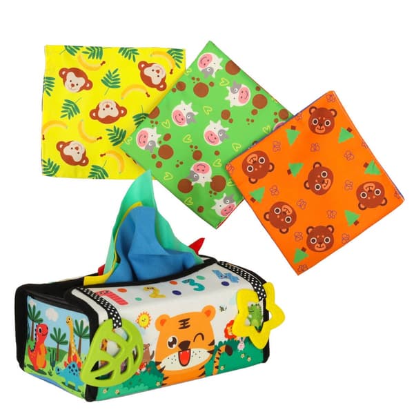 Montessori sensorisk tygbox sorter med 11 tyger, spegel 18+ mån