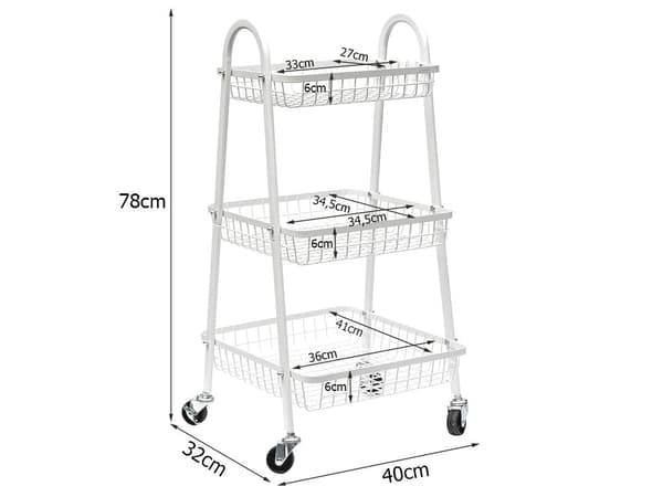 Rullvagn 3 hyllplan metall vit med hjul 78x40x32 cm