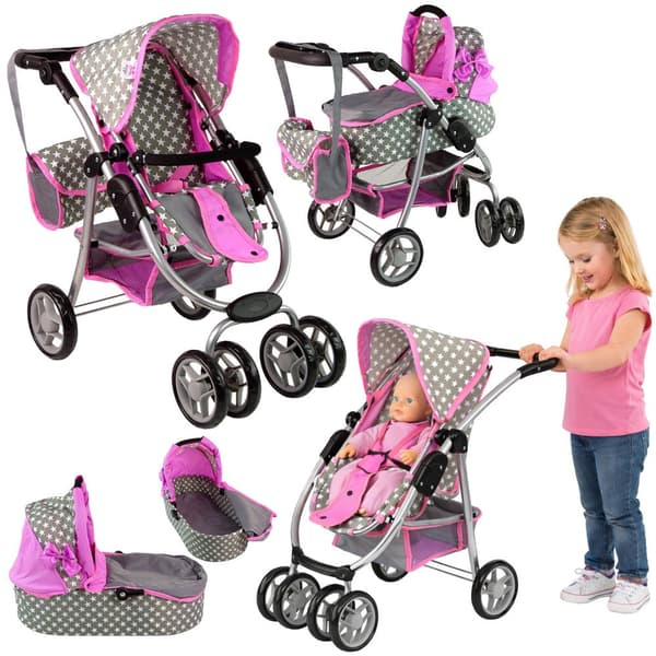 Dukkevogn 2-i-1 med bæretaske rosa stjerner til dukke ca 40 cm