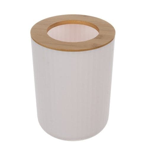 Badrumsaccessoarset 6-delar vit ribbad med bambudetaljer