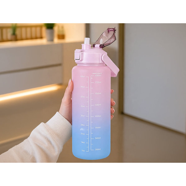 Vattenflaska 2 liter med sugrör och måttskala rosa/blå