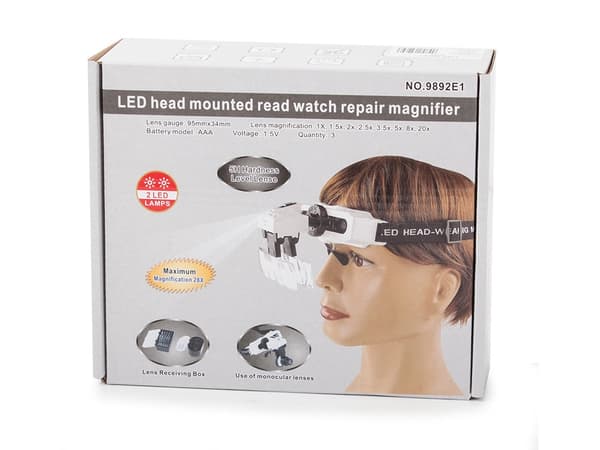 Pandelup med LED 8 linser 1–20x sort/hvid, 2 LED, universal