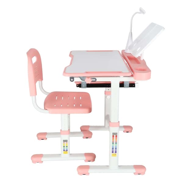 Justerbart barnskrivbord med stol och LED-lampa USB rosa/vit