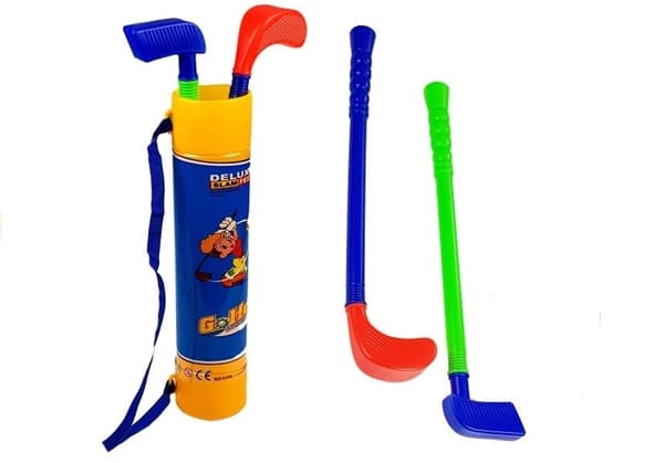 Mini golfset til børn 10 dele med 2 køller, 2 bolde og flagbaser