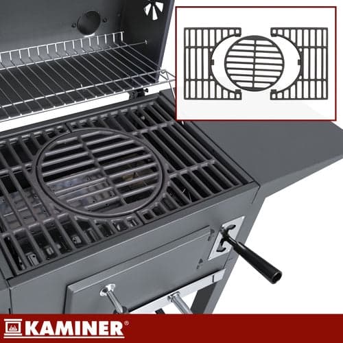 Kolgrill med lock och termometer, gjutjärnsgaller, överdrag, svart