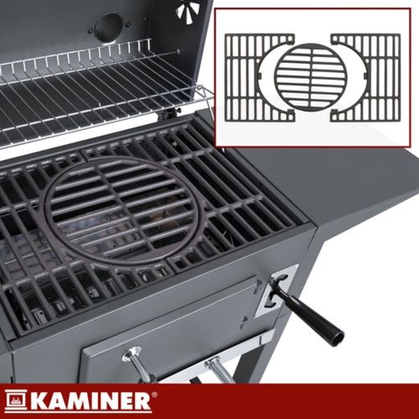 Kulgrill med låg og termometer, støbejernsrist, overtræk, sort