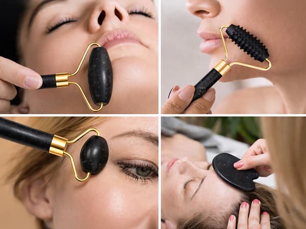 Ansigtsmassage-sæt jade 3-i-1 roller kuglemassager Gua Sha sort