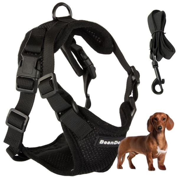 Hundesele M sort med kobbel 150 cm reflekterende justerbar