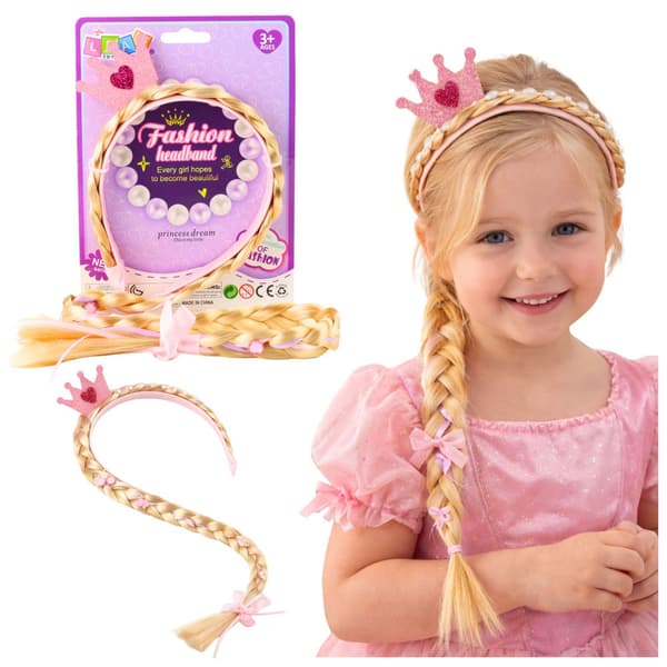 Hårband med lång blond fläta 50 cm och prinsesskrona, barn