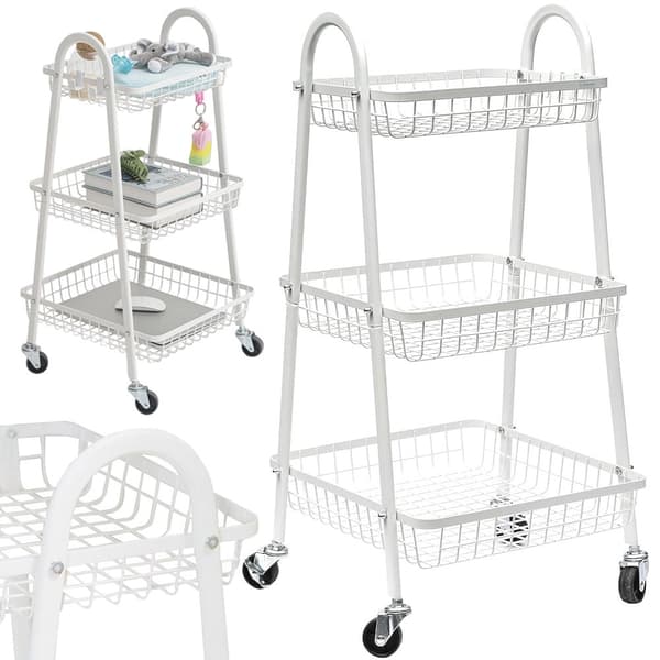 Rullvagn 3 hyllplan metall vit med hjul 78x40x32 cm