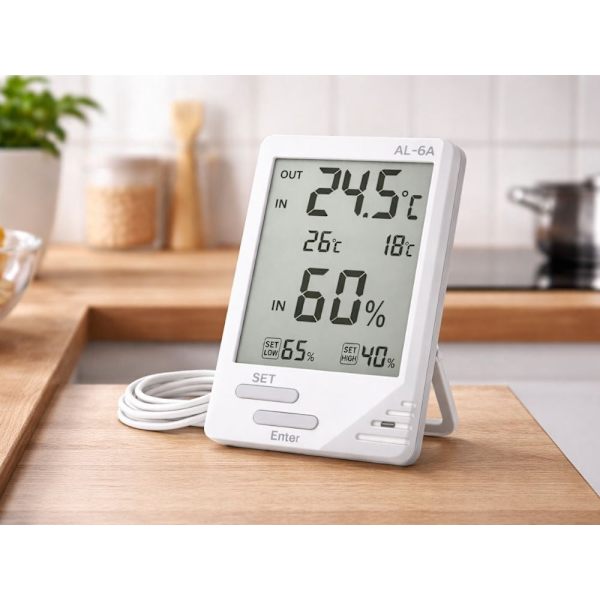 Termometer/hygrometer med LCD och trådbunden sensor inne/ute