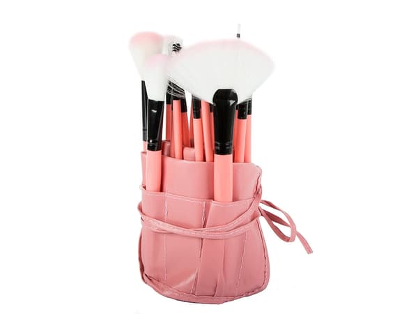 Makeuppenselsæt 24 dele syntetiske børster rosa/sort med etui