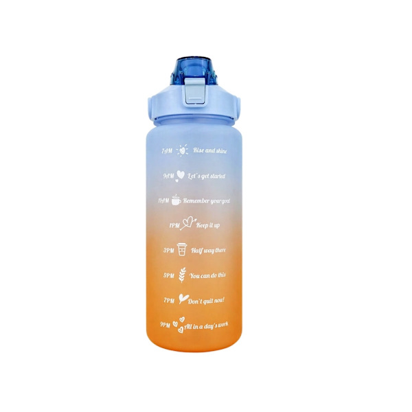 Vattenflaska 2 liter med sugrör och måttskala blå/orange
