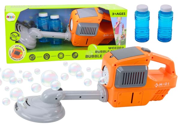 Legetrimmer med sæbeboblemaskine orange, 2 boblevæsker