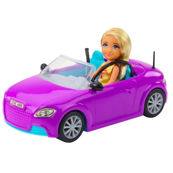Minidocka med lila cabriolet leksaksbil 21 cm, docka 12 cm 3+