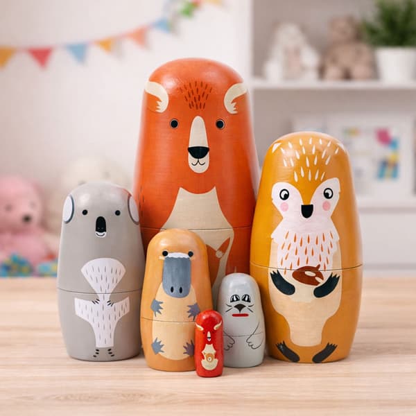 Matryoshka-dukker i træ skovdyr 6 dele stablebare 14,5 cm