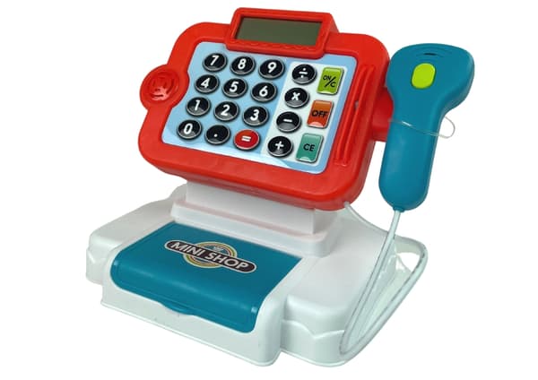 Legetøjskasseapparat med scanner, lys/lyd, penge & madset