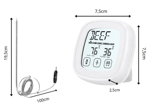 Digital stegetermometer med touchscreen og sonde 120 cm hvid