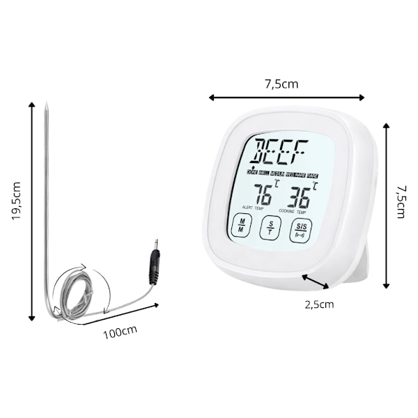 Digital stektermometer med touchscreen och probe 120 cm vit