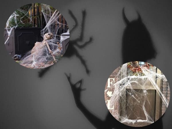 Halloween edderkoppespind hvidt, strækbart inkl. 4 edderkopper