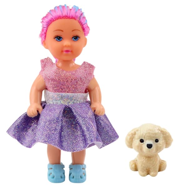 Mini-docka 12 cm med klänning och vit hund 3 cm, slumpad variant