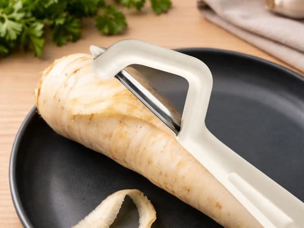 Frugt- og grøntsagsskræller dobbeltblad, rustfrit stål, beige 8,5 cm
