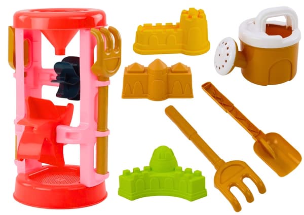Sandlegetøjsset med sandkværn, spade, rive & 3 slotteforme 3+
