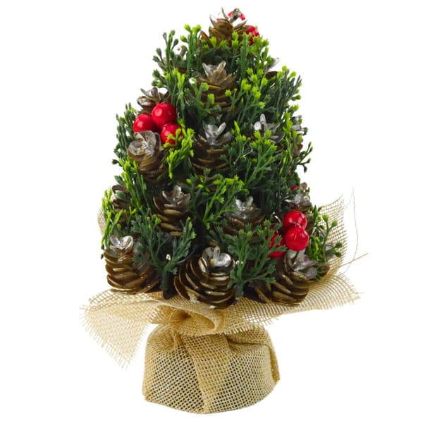 Mini julgran 17x10 cm med kottar och röda bär, jute-bas