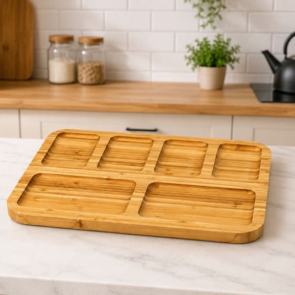 Serveringsbräda bambu med 6 fack 36x28 cm för ost och snacks