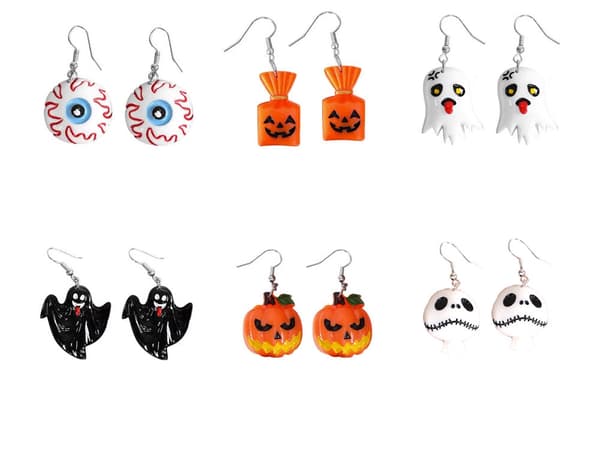 Halloween øreringe i plast 2-pak, vælg motiv (spøgelse/græskar/skelet)