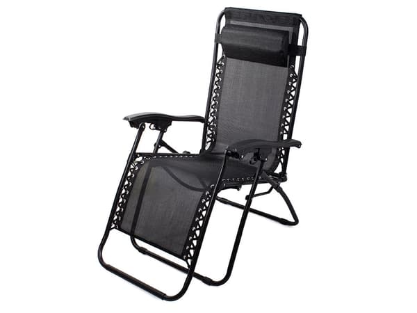 Sammenklappelig zero gravity-solstol med sidebord og nakkestøtte sort