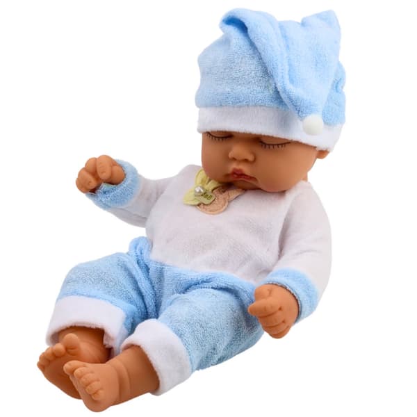 Babydocka 24 cm sovande med blå pyjamas och mössa
