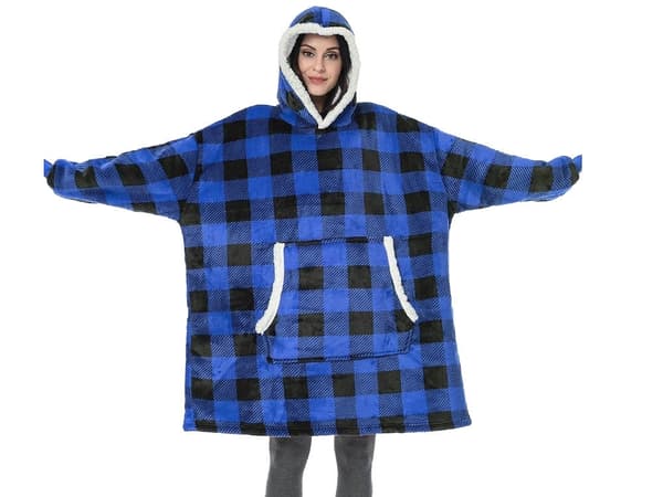 Fleecehuppari huppulla, sininen ruutukuvio, one size oversize